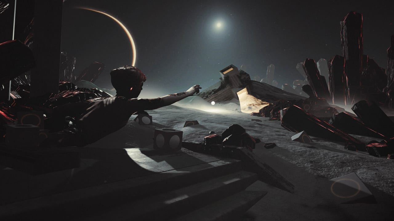 Cognition Method screenshot of a figure reaching across a shattered Cube landscape